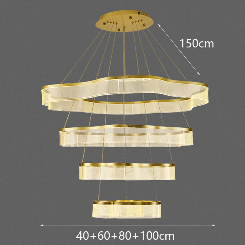 Gold chandelier with dimensions indicated on a gray background