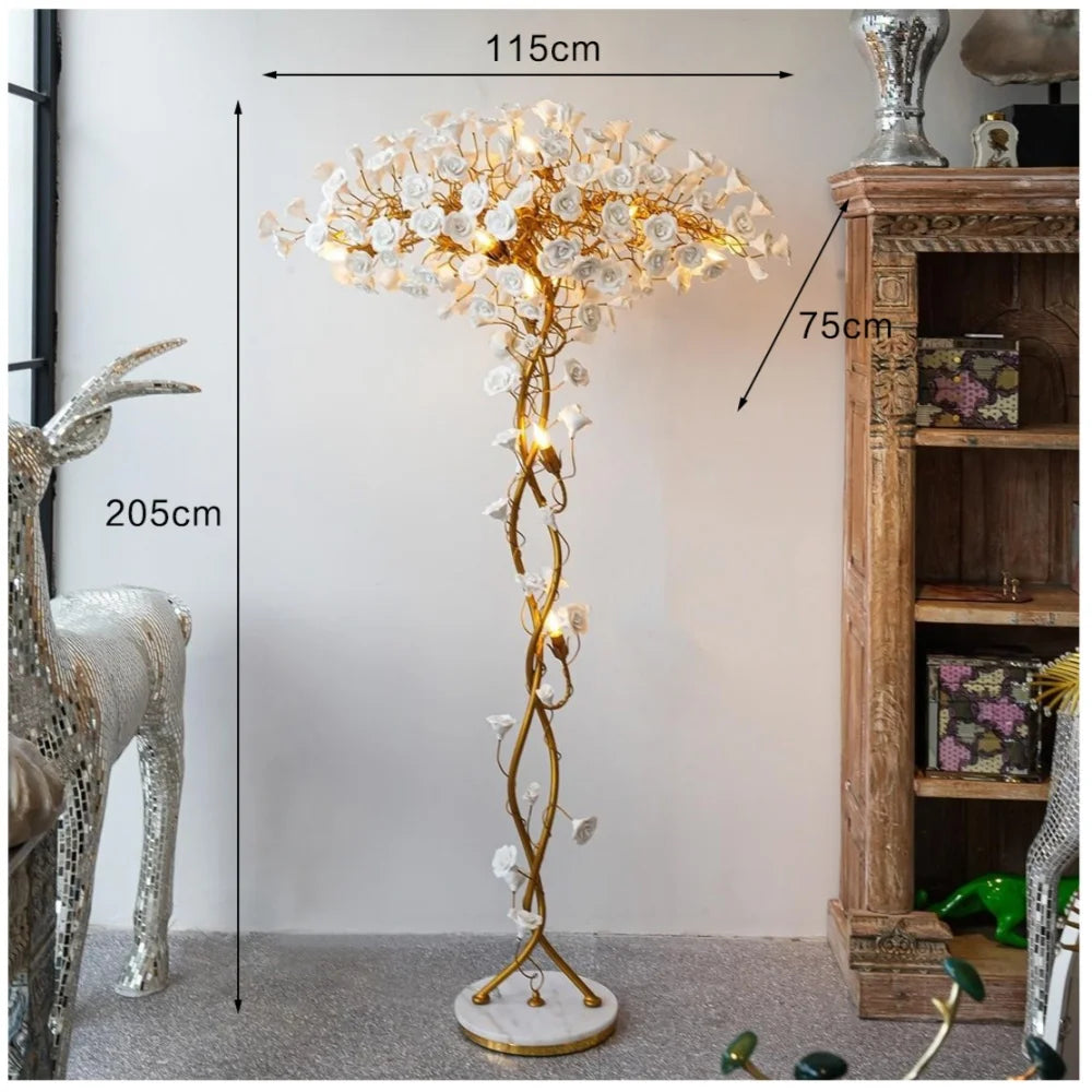 Decorative floor lamp with measurements in a room setting