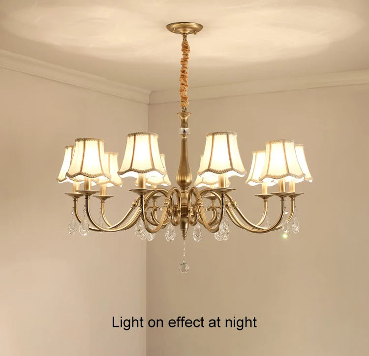 Gold chandelier with white lampshades in a room setting