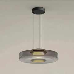 Smoke grey glass disk pendant light with a black ceiling mount and cord.