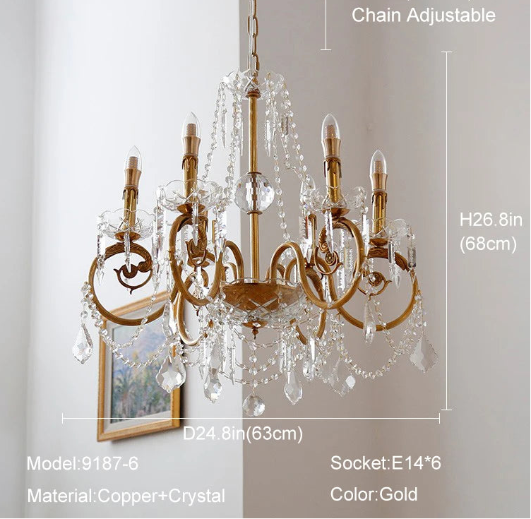 Gold chandelier with crystal accents and dimensions on a plain background