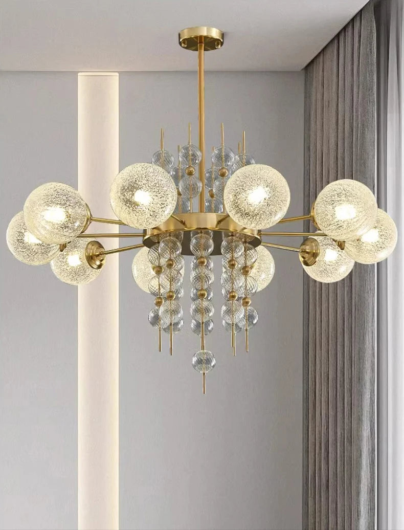 Modern chandelier with glass globe lights in a room setting