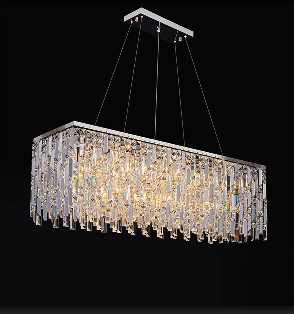Rectangular crystal chandelier on a black background