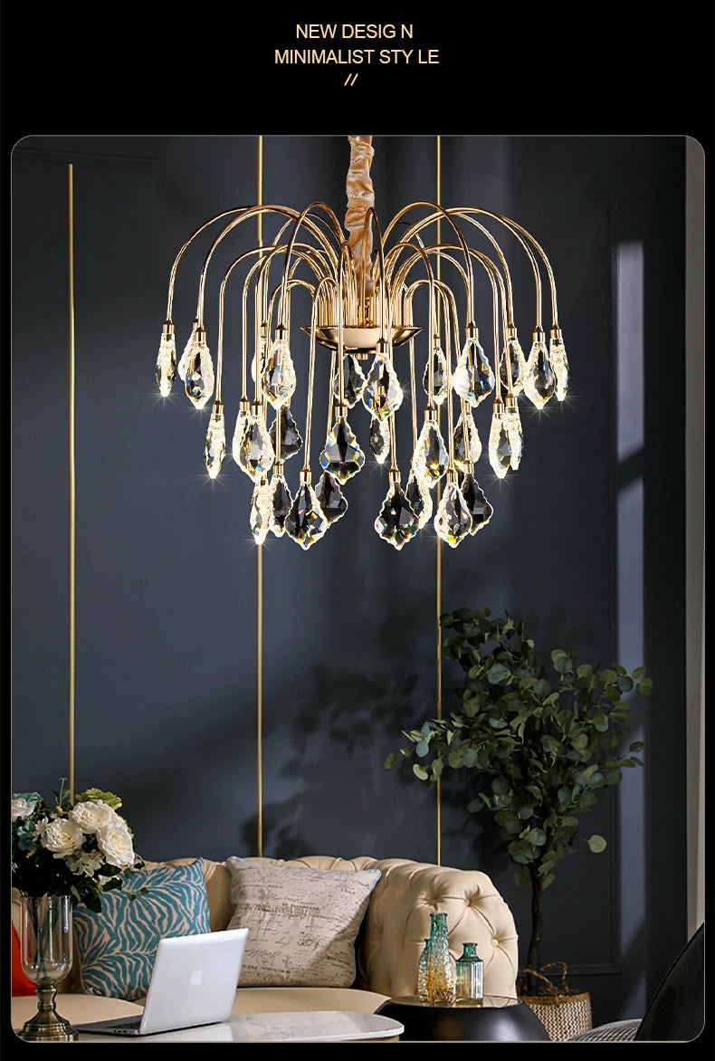 Luxury chandelier in a modern living room setting with a dark wall and decor.