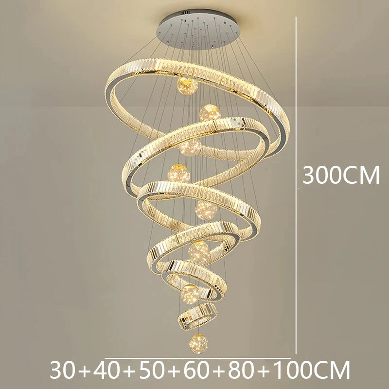 Chandelier with spiral design and measurement details on a neutral background
