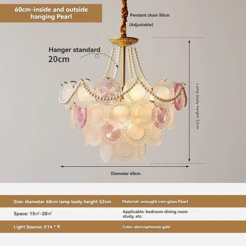 Chandelier with pearl decorations and measurement details on a gray background