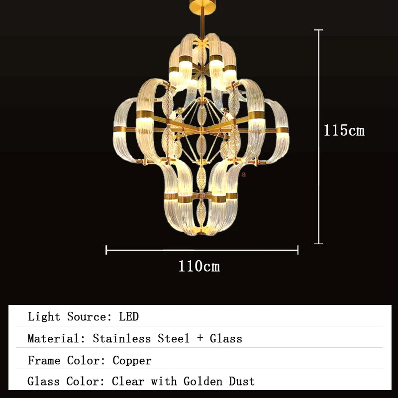 Chandelier with dimensions and product details on a black background