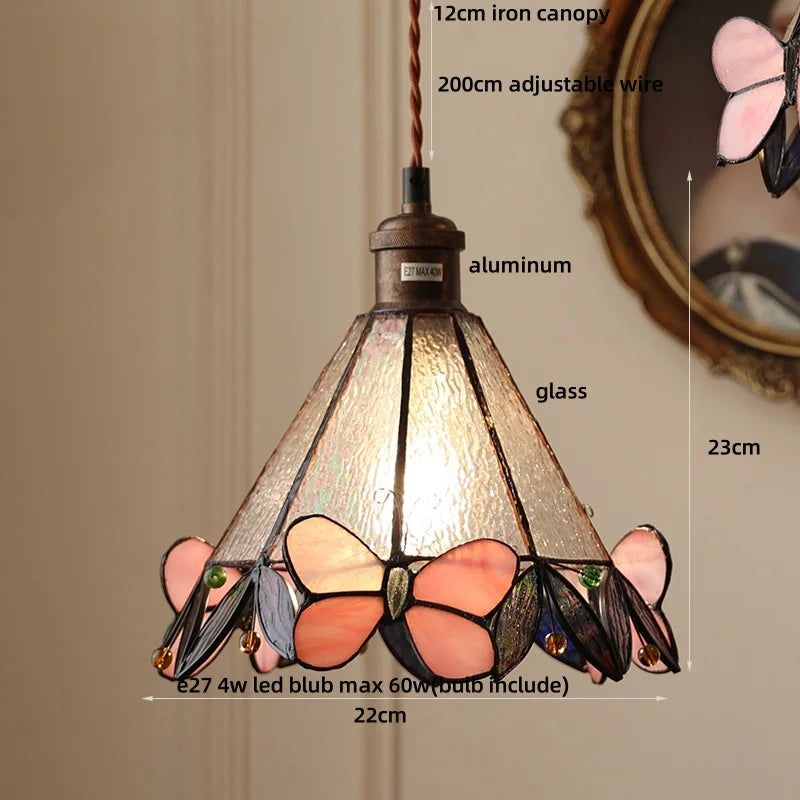 Butterfly-themed pendant light with measurements and material details on a beige background