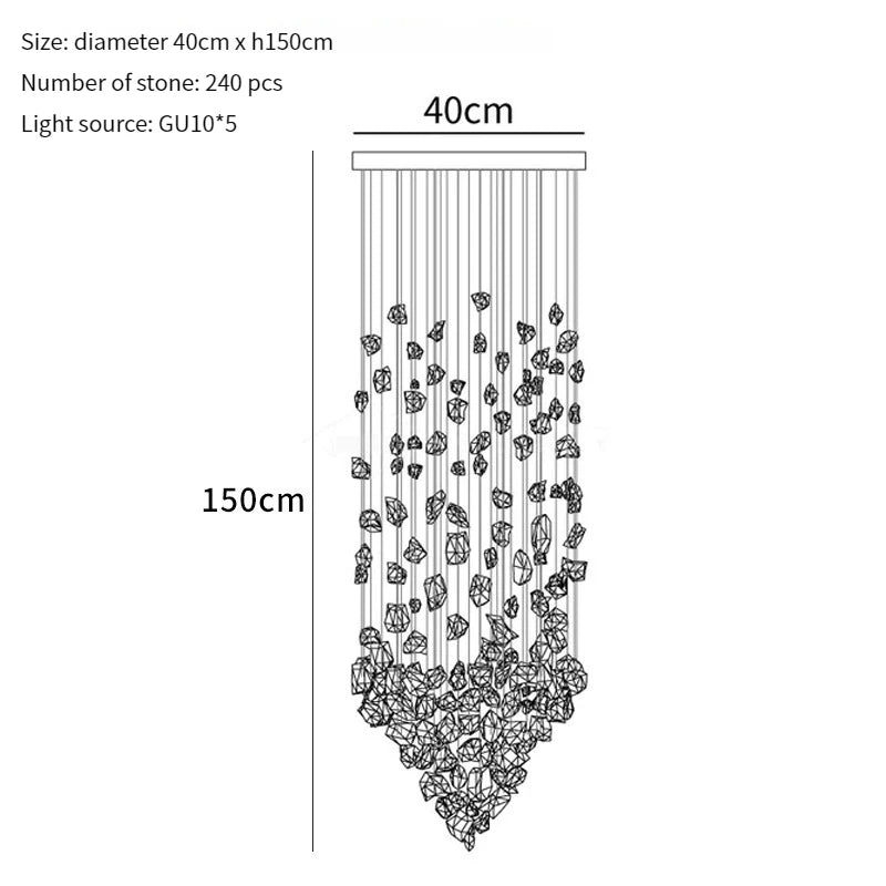Chandelier diagram with dimensions and stone count on a white background