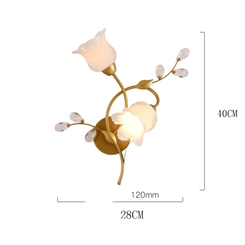 Decorative wall light fixture with floral design and dimensions on a white background