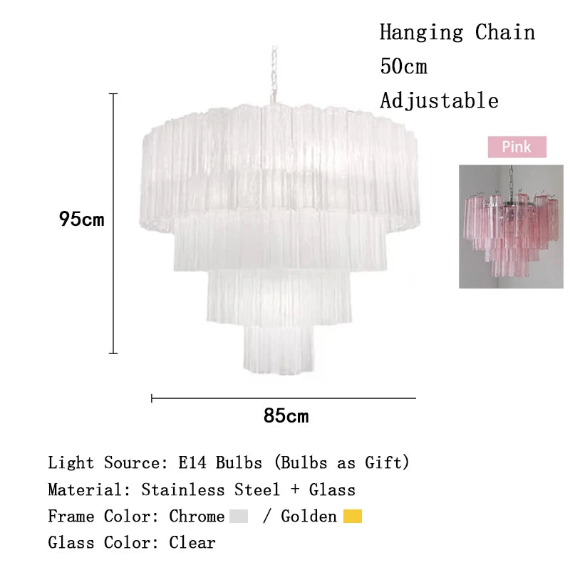 Chandelier with dimensions and material details on a white background