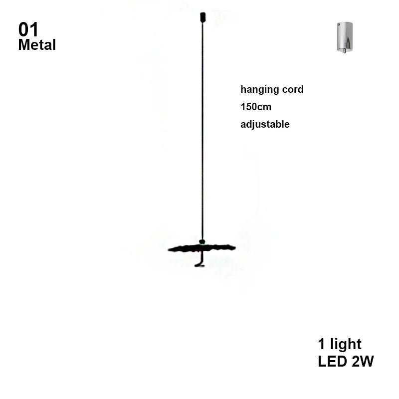 Diagram of a hanging light fixture with specifications on a white background