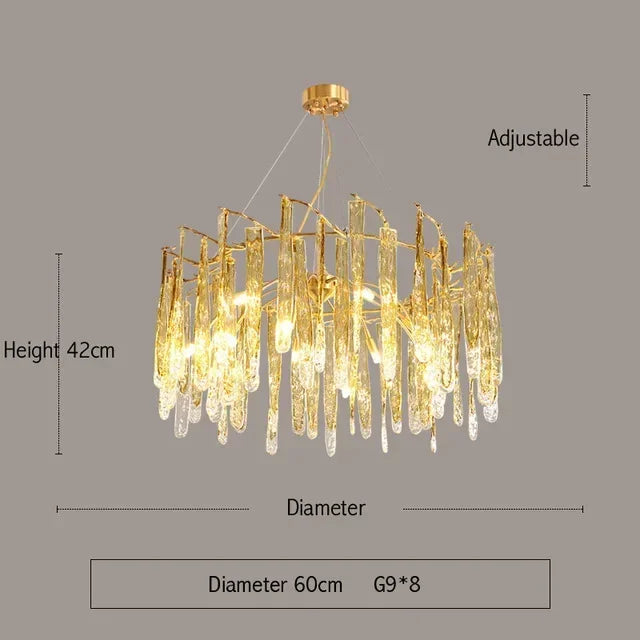 Chandelier with dimensions and adjustable feature on a gray background