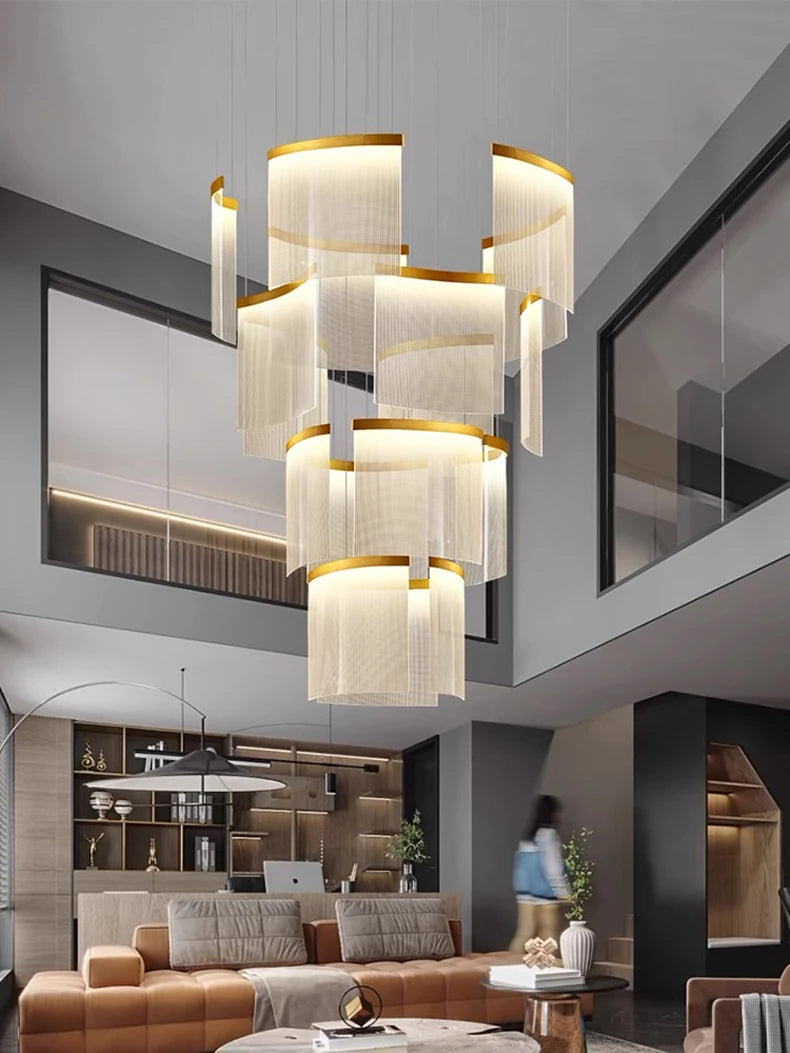 Modern chandelier in a living room setting with neutral tones