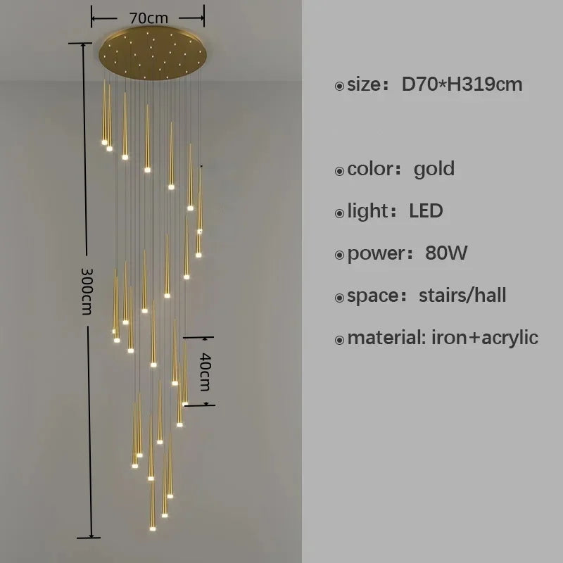 Gold chandelier with dimensions and specifications on a gray background