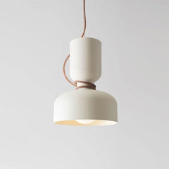 Close-up of a matte black dome pendant light with a contrasting brown cord against a white background.