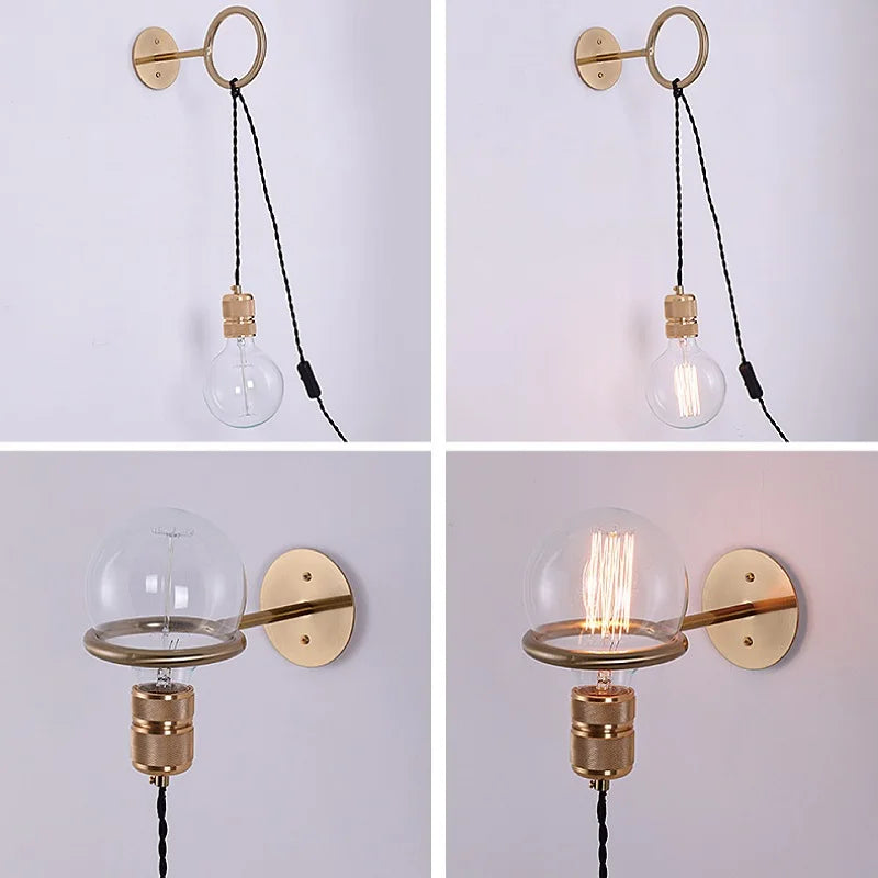 Collage showing a gold ring wall light with clear glass globe in different orientations and lighting conditions.