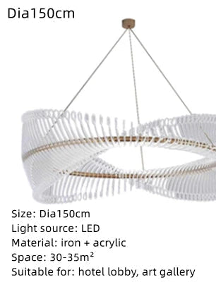 White chandelier with gold accents on a white background, labeled with dimensions and material details.