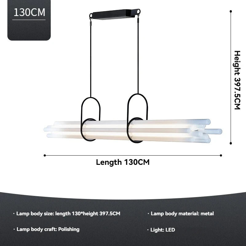 Modern pendant light with dimensions and material details on a white background