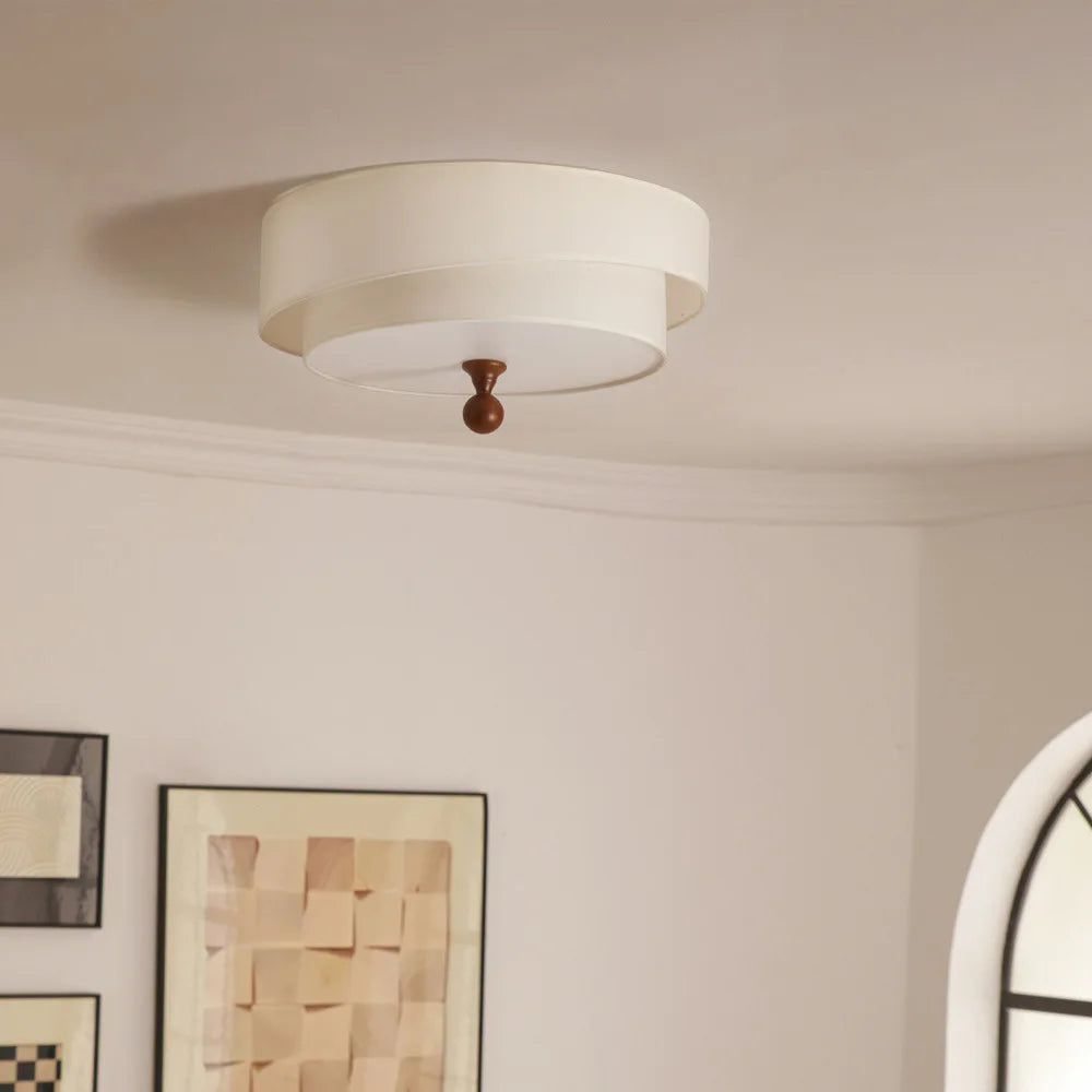 Ceiling light fixture in a room with framed artwork on the wall.