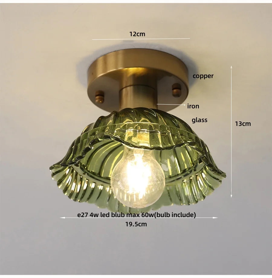 Ceiling light fixture with green glass shade and gold metal fixture, showing dimensions and bulb information.