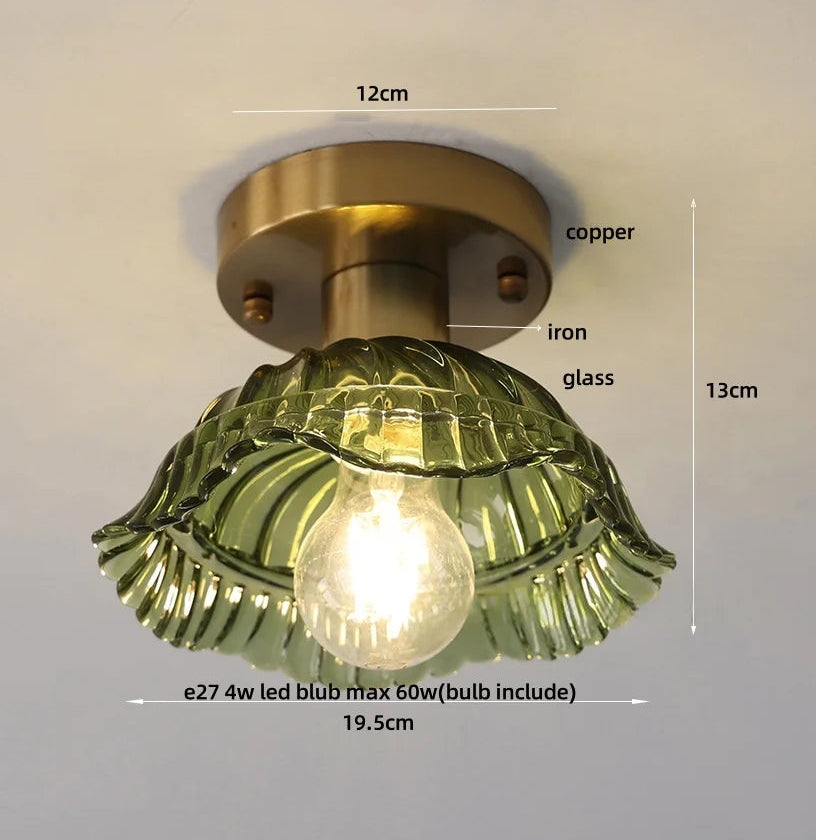 Ceiling light fixture with green glass shade and gold metal fixture, showing dimensions and bulb information.