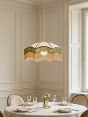Boho Fabric Fringe Pendant Light White Umbrella Shape