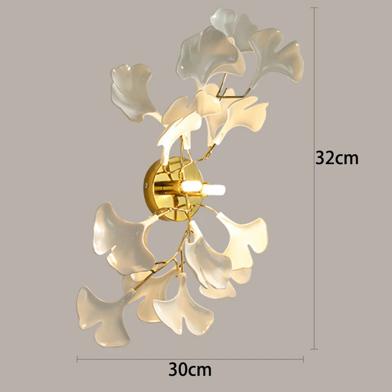 Ceiling light fixture with leaf-like design and measurements on a gray background