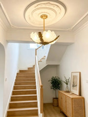 Gold Leaf Seashell Pendant Light with Fluted Pink Frosted Glass Shade