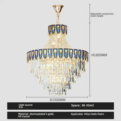 Gold Tiered Crystal Cascading Pendant Light with Blue Accents