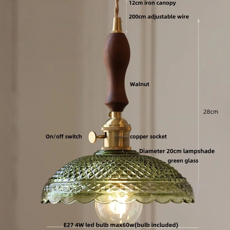 Vintage-style pendant light with green glass shade and wooden handle, labeled with dimensions and features.