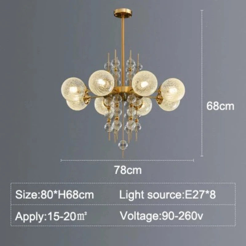 Gold chandelier with glass bulbs on a gray background, including dimensions and specifications.
