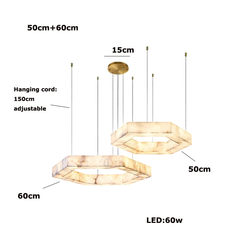 Pendant light with measurements and specifications on a white background