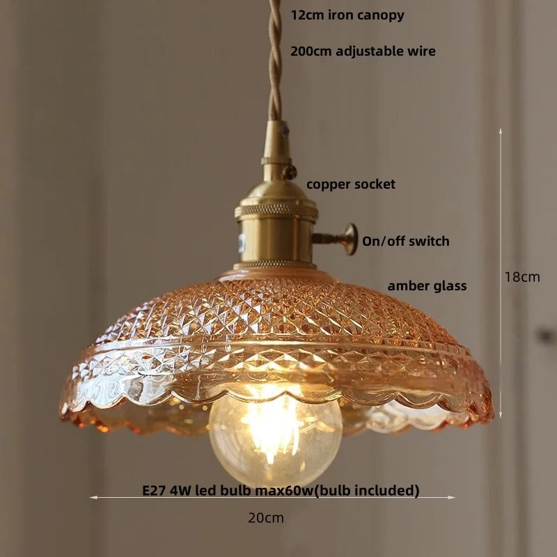 Vintage-style pendant light with detailed features labeled on a neutral background