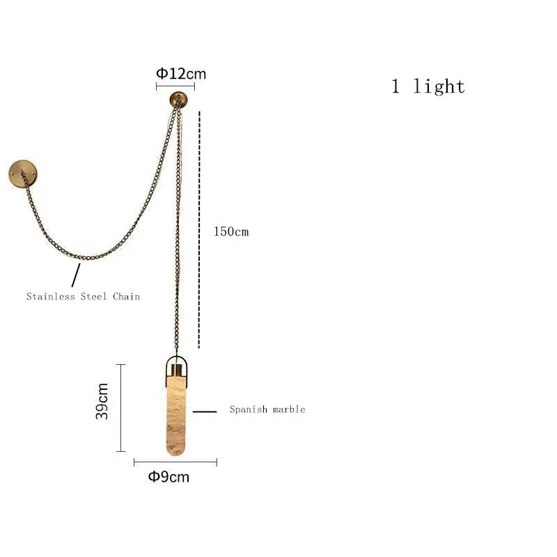 Measurement chart of a pendant with chain on a white background
