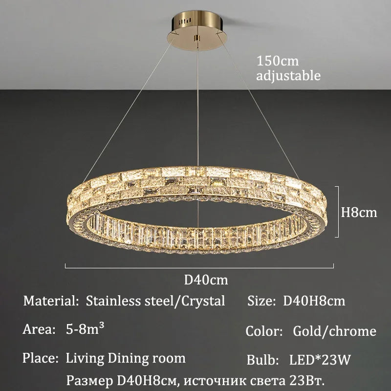 Gold chandelier with crystal accents on a dark background, featuring dimensions and material details.