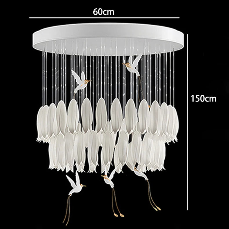 Chandelier with bird design and measurements on a black background