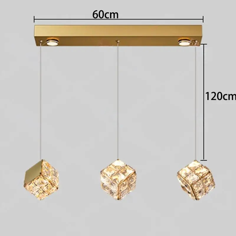 Gold pendant light fixture with crystal-like cube lights on a gray background, showing dimensions.