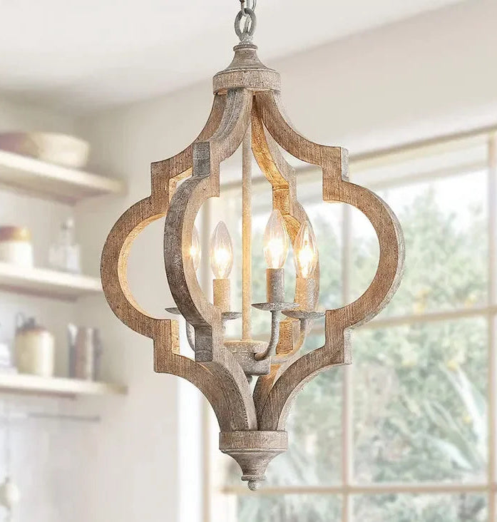 Wooden pendant light fixture in a kitchen setting