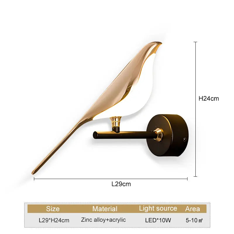 Wall lamp with gold bird design and dimensions on a white background