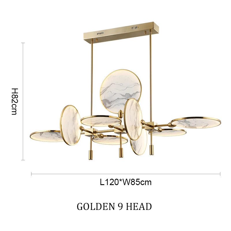 Modern chandelier with gold finish and marble-like design, featuring dimensions on a white background.
