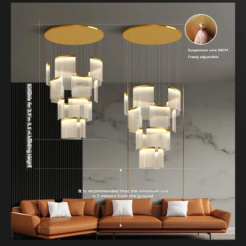 Diagram showing the dimensions and adjustable suspension wire for a gold cascading crystal chandelier.