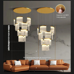 Diagram showing the dimensions and adjustable suspension wire for a gold cascading crystal chandelier.