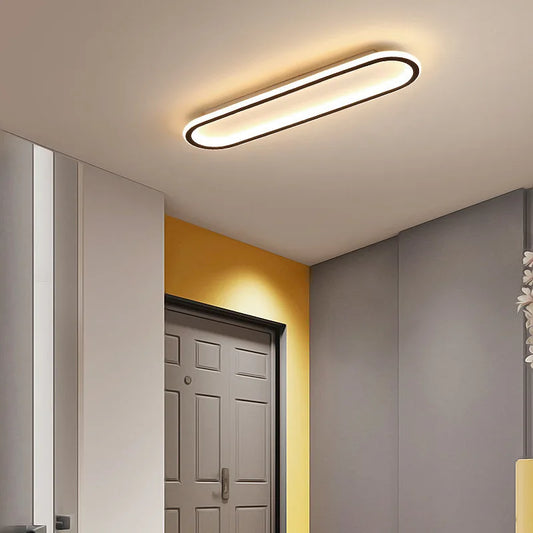Close-up of a modern oval flush mount ceiling light above a doorway.