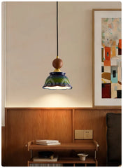 Green Ceramic Bell Pendant Light Hand Painted Floral Design