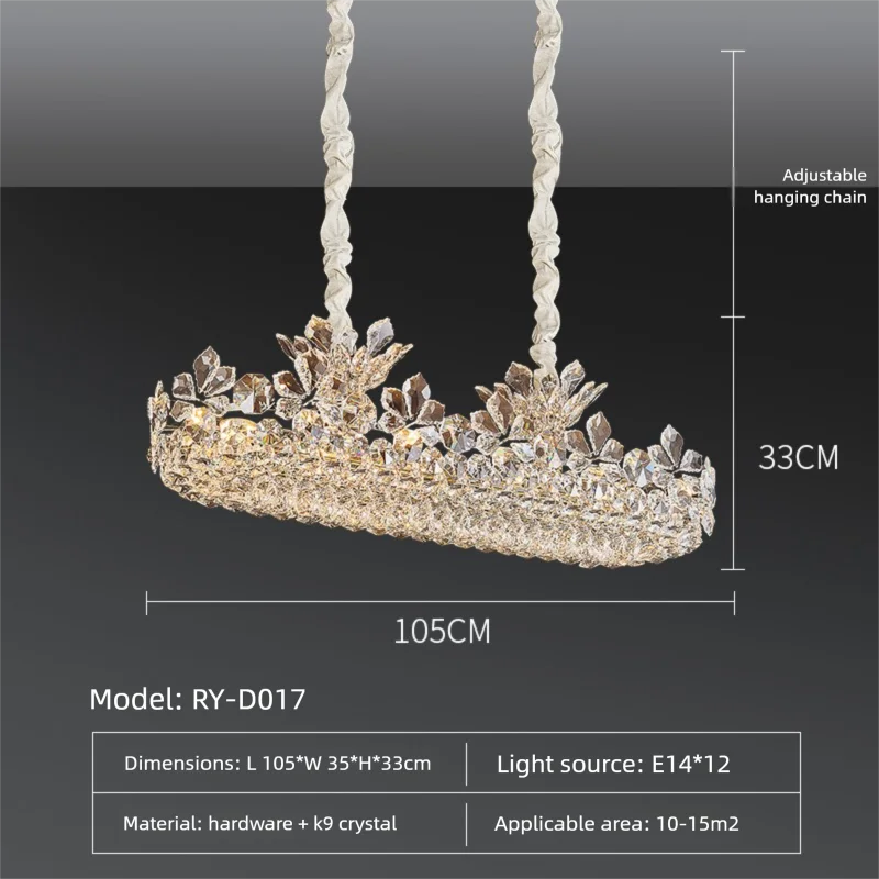 Chandelier with dimensions and specifications on a dark background