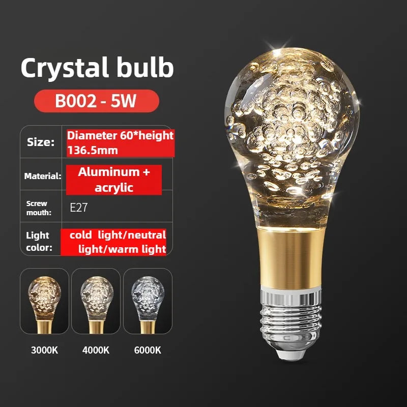 Crystal light bulb with specifications on a dark background