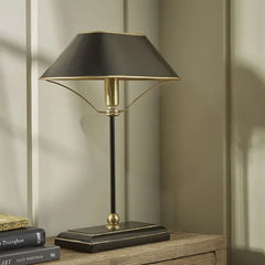 Black Cone Shade Metal Table Lamp with Gold Accents and Drum Base