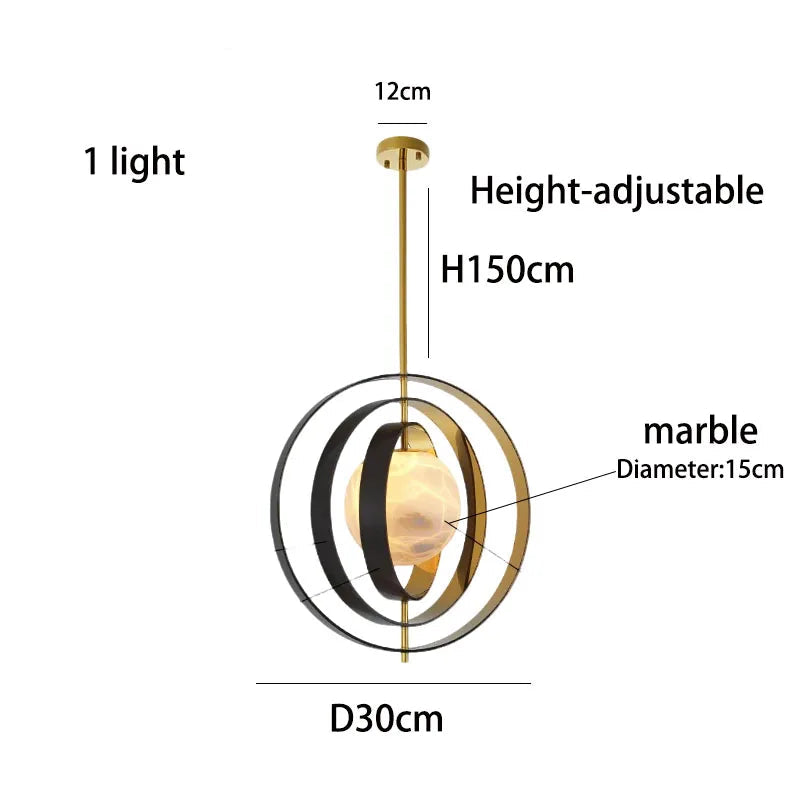 Pendant light with dimensions and features labeled.