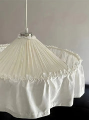 White Fabric Pleated Pendant Light with Gold Accents and Ruffled Shade
